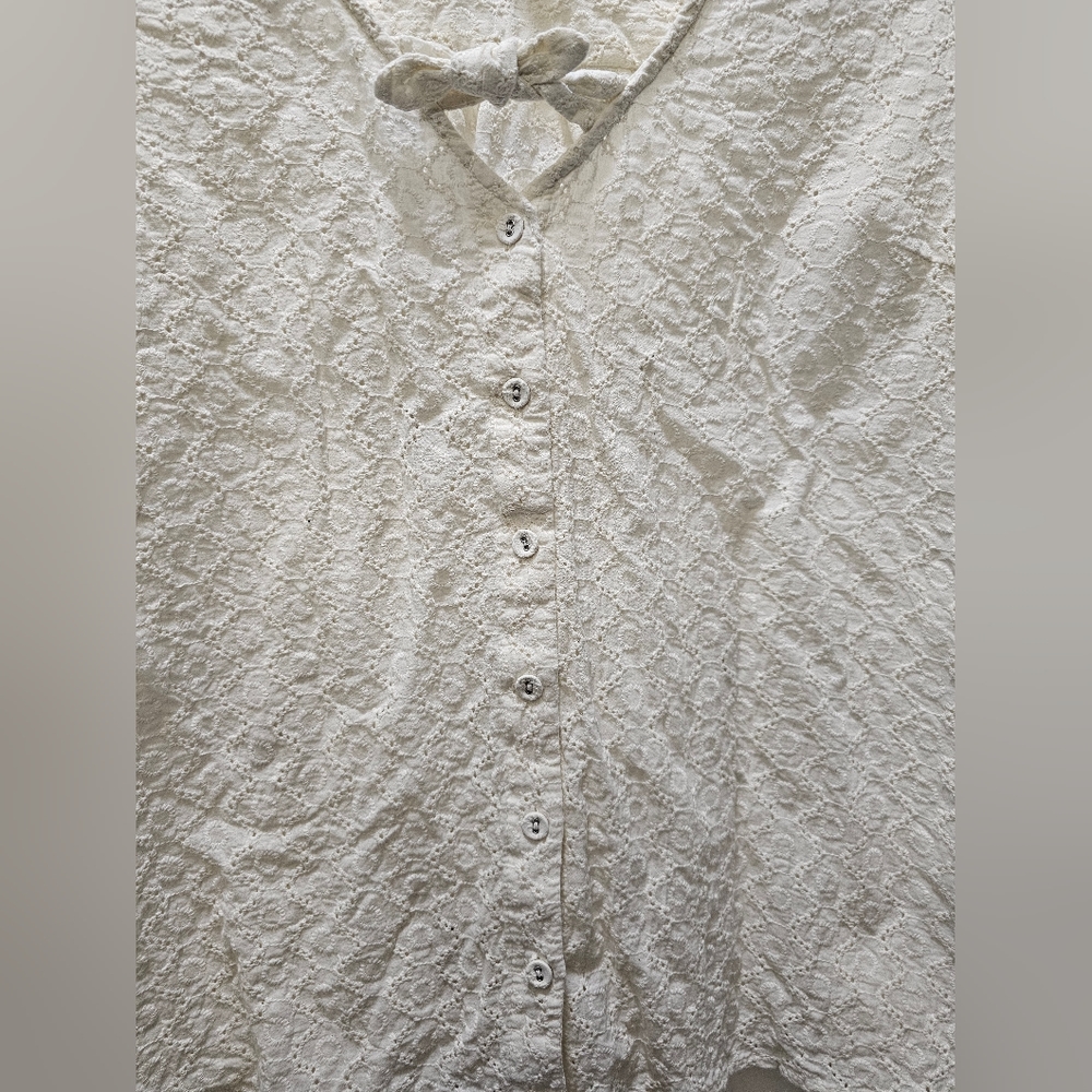 Modcloth‎ cream button front puff sleeve cotton floral eyelet top XL - Picture 2 of 9